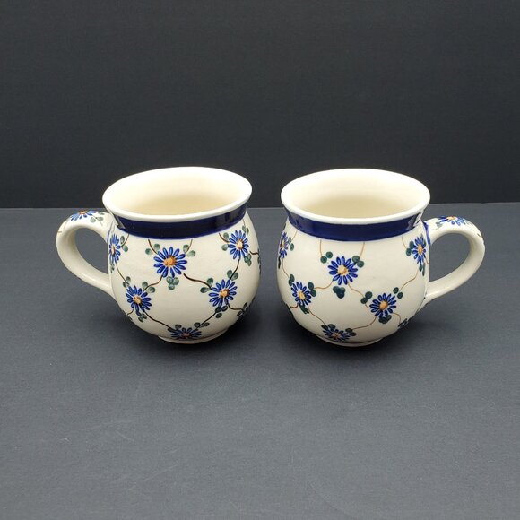 Polish Pottery Aster Trellis Mugs Made in Poland Blue Daisy Bubble Mugs - Picture 2 of 10